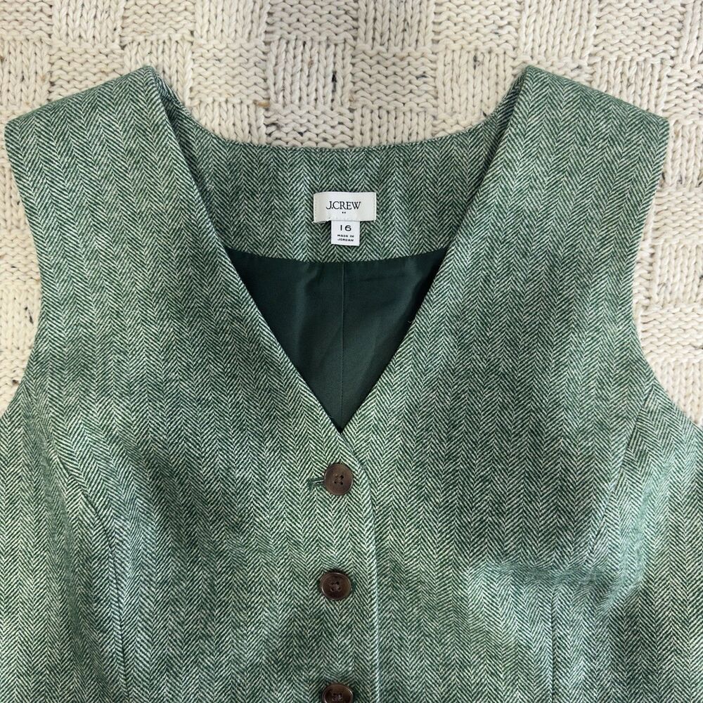 Crew Women’s 16 Green Herringbone Wool Blend Button Front Lined Vest Waistcoat - Picture 5 of 10